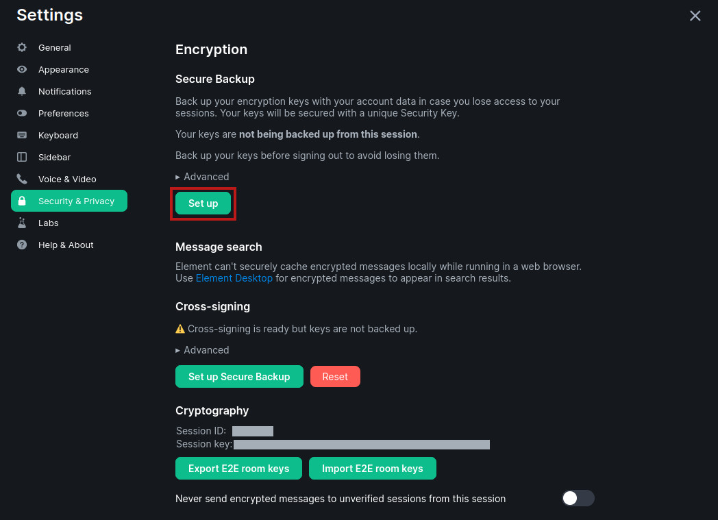 Screenshot of the Encryption section of the Security & Privacy
settings in Element. The button to start the setup process for the
key backup is highlighted with a red box.