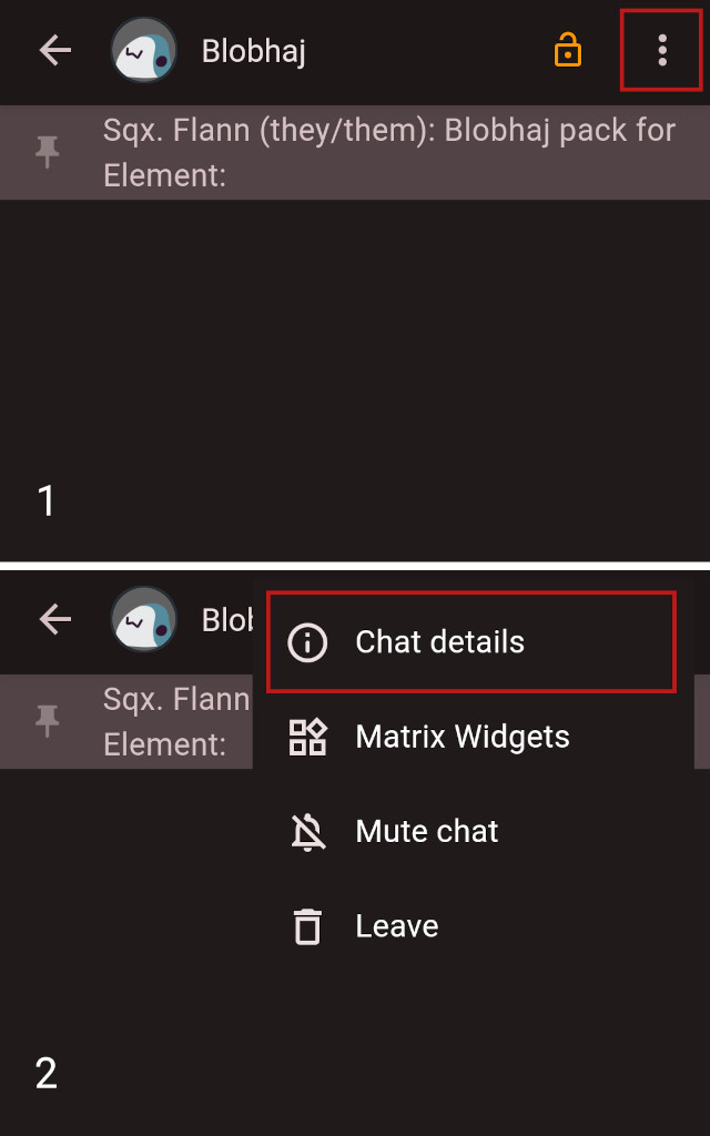 This image has two parts:
The first is the top half of the room as it looks after joining, the three dot menu is highlighted.
The second shows the available menu options after tapping the three dot menu,
the "Chat details" option is highlighted.