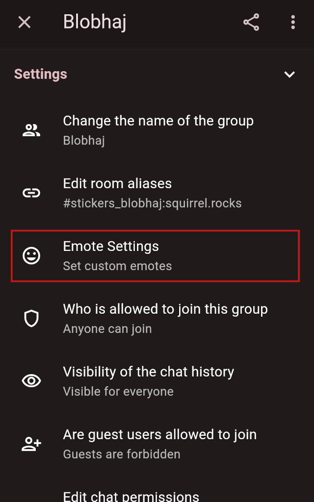 A screenshot of the Settings view, the "Emote Settings" option is highlighted.